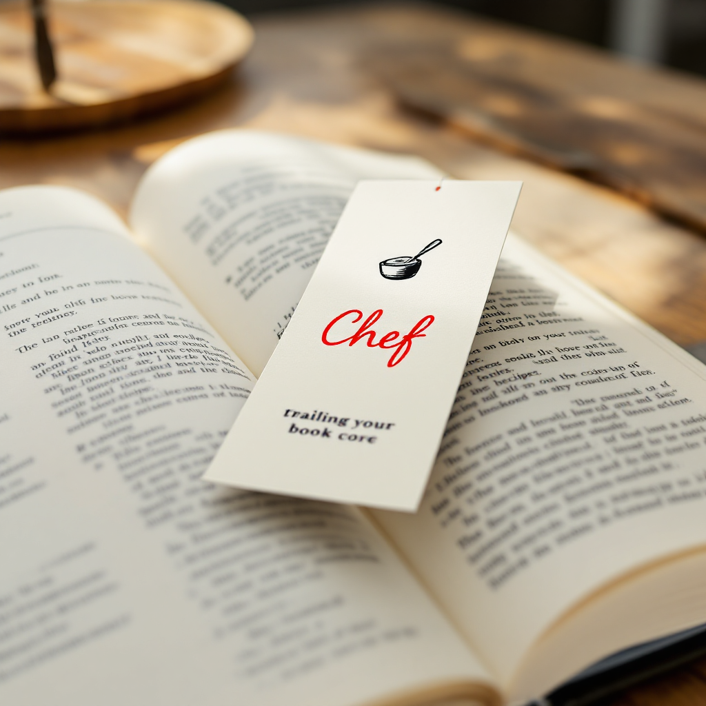 Mockup of the branded bookmark resting inside an open generic cookbook