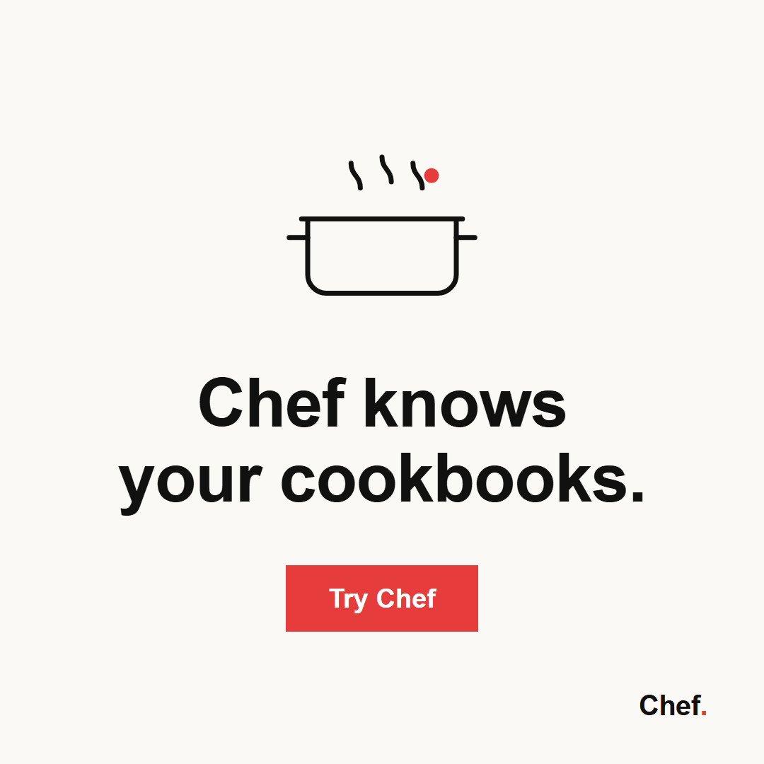 Square display ad, cream background, hand-drawn steaming pot, headline reading Chef knows your cookbooks, red Try Chef button