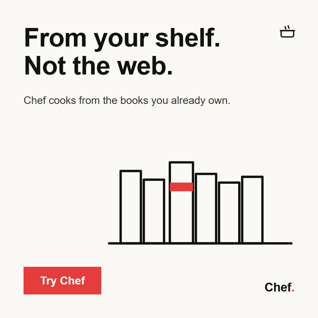 Square display ad, cream background, headline reading From your shelf. Not the web, a hand-drawn bar chart of books with one highlighted in red, red Try Chef button