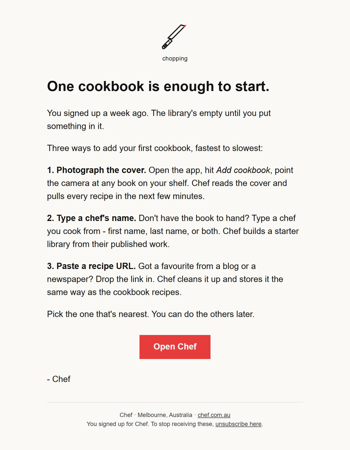 Day one onboarding email titled One cookbook is enough to start, with three numbered activation steps and a red call to action button