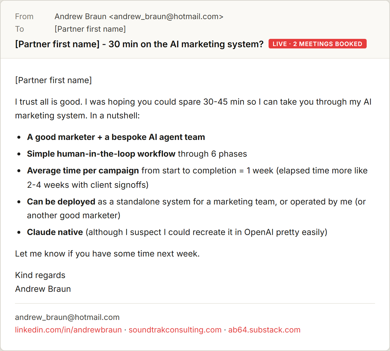 Partner outreach email mockup in email client chrome, with a badge noting two partner meetings booked from the first sends