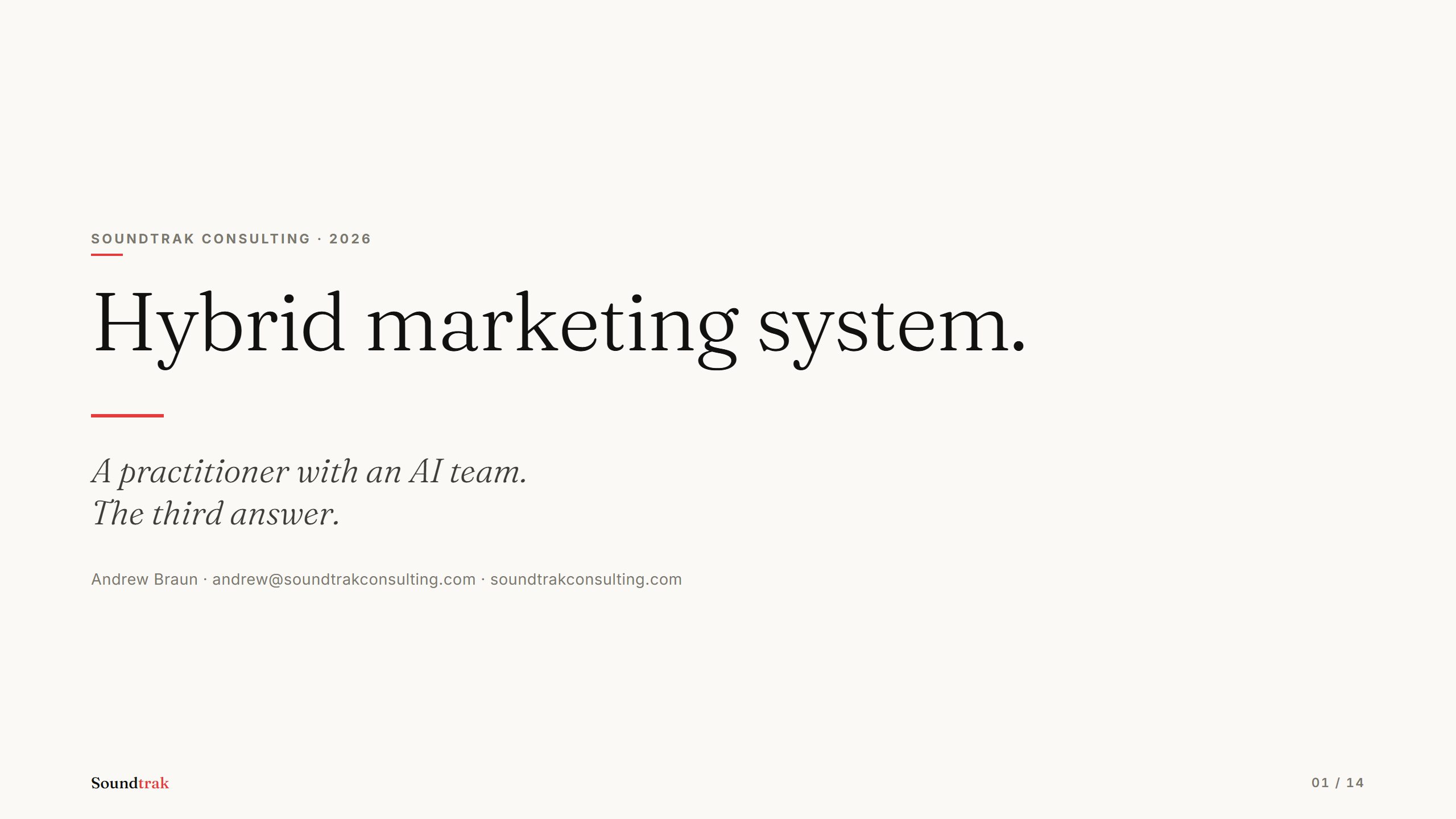 Pitch deck cover slide, cream background, Hybrid Marketing System title