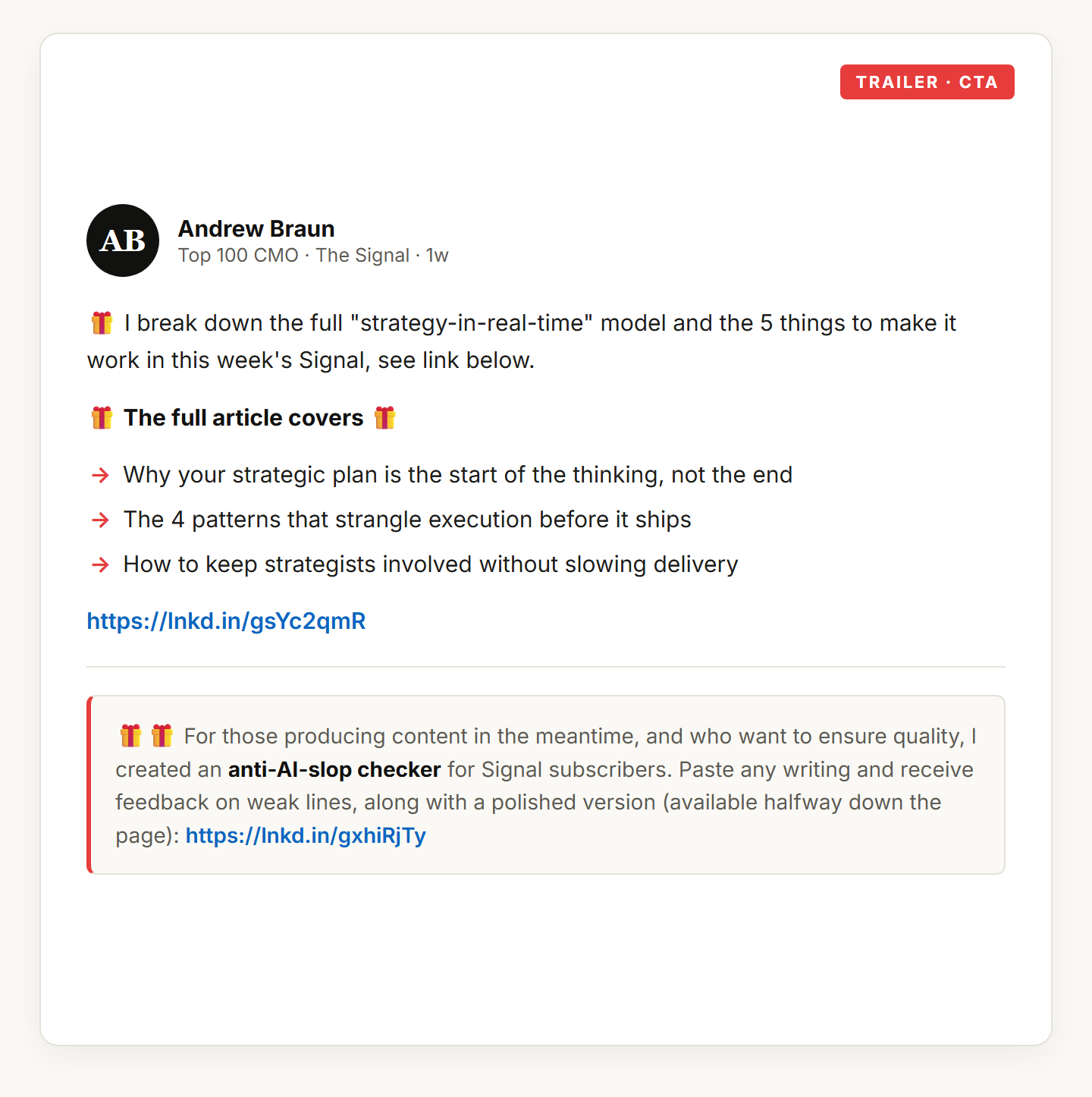 A LinkedIn Trailer post's closing CTA: the Playbook tease with a link, a 'what the full article covers' bullet list, and a free anti-AI-slop checker offered to Signal subscribers