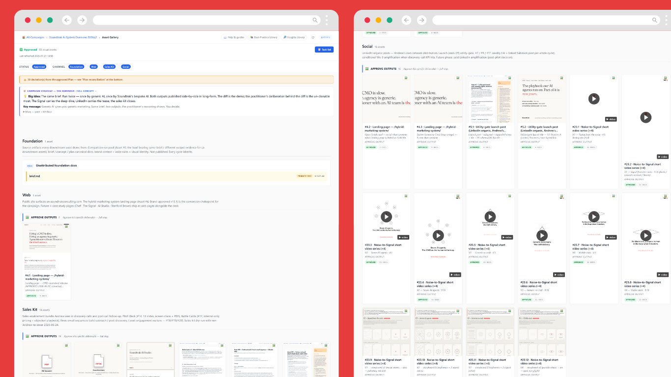 The real Soundtrak operator asset gallery for The Debrief: finished assets shown as review cards grouped by channel (foundation, web, sales kit, social, video), each carrying a plain state, red for-review or grey approved