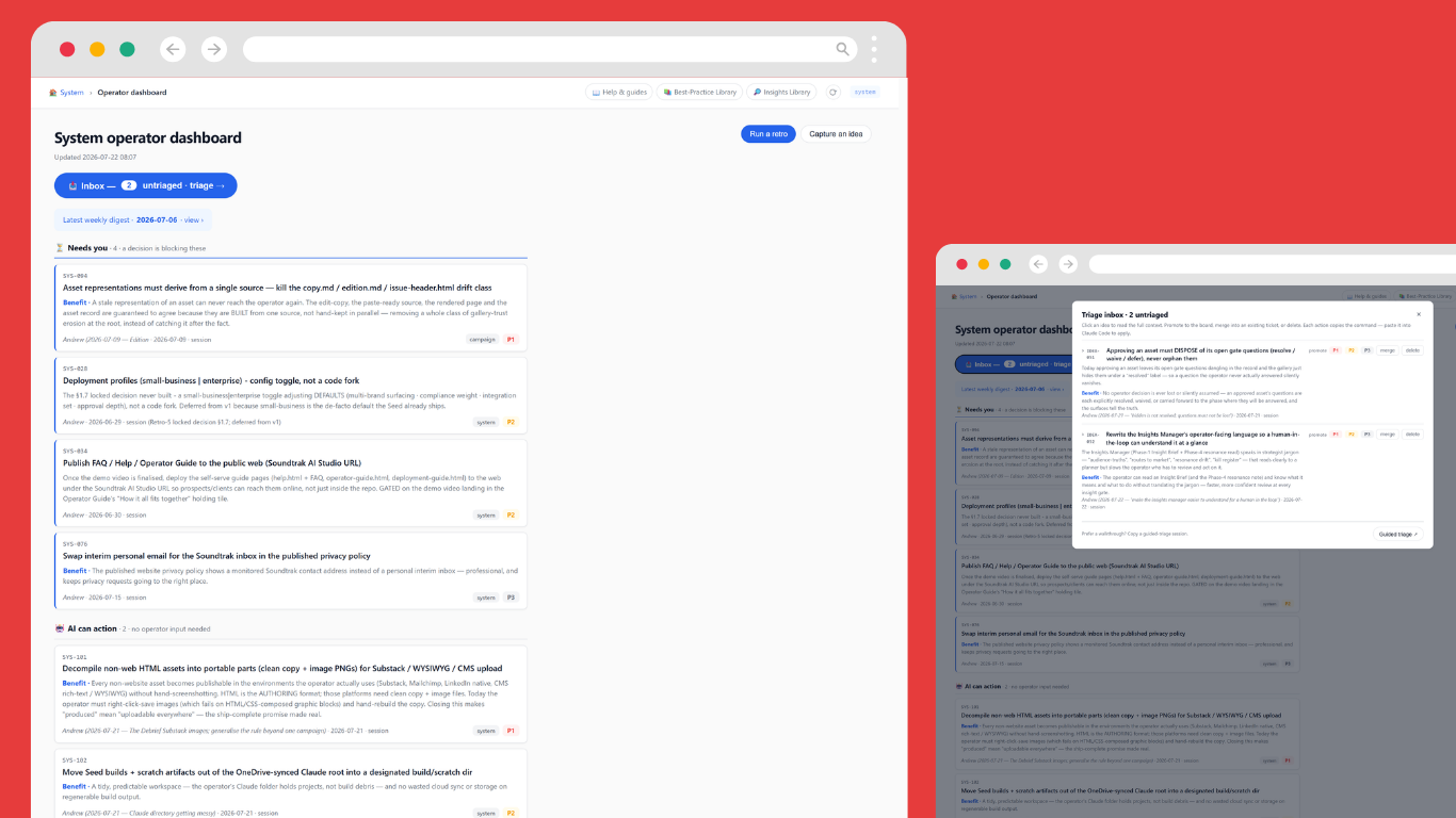 The System Manager operator dashboard: the ticket backlog split into "Needs you" (decisions that block the work) and "AI can action" (the system can handle on its own), each ticket carrying its benefit and a priority, with a triage inbox for raw ideas.